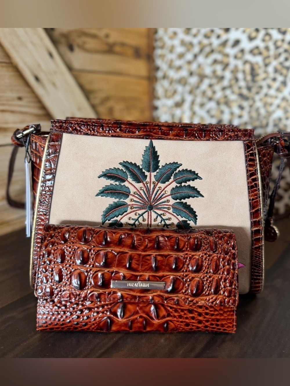 Brahmin Hillary Palawan Embroidered Swarovski NWT & Cordelia Pecan Wallet NWT